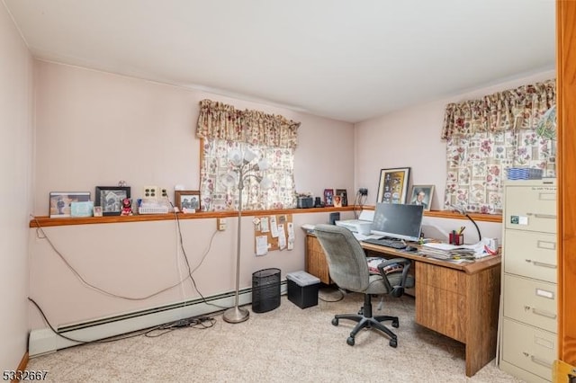 office area with carpet flooring and baseboard heating