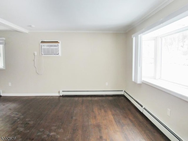 unfurnished room with dark hardwood / wood-style flooring, a wall unit AC, a baseboard heating unit, and crown molding