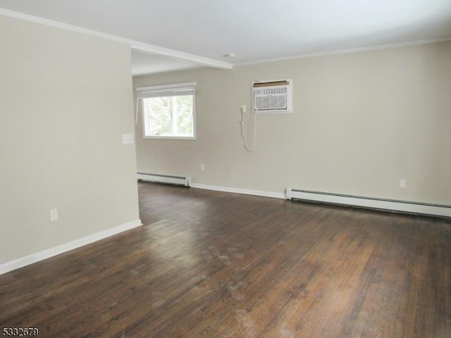 empty room featuring crown molding, baseboard heating, a wall unit AC, and dark wood-type flooring