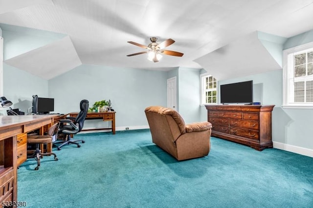 office space with ceiling fan, carpet floors, and lofted ceiling