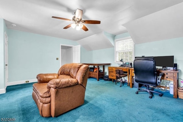 office space with ceiling fan, lofted ceiling, and carpet flooring