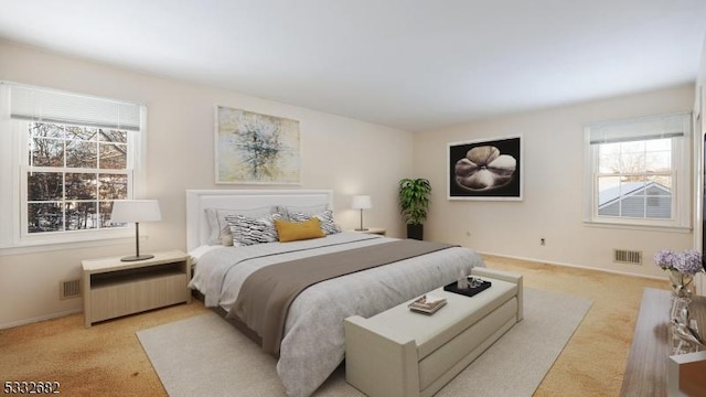 bedroom featuring light carpet and multiple windows