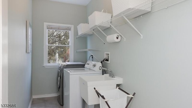 laundry room with washing machine and dryer, laundry area, and baseboards