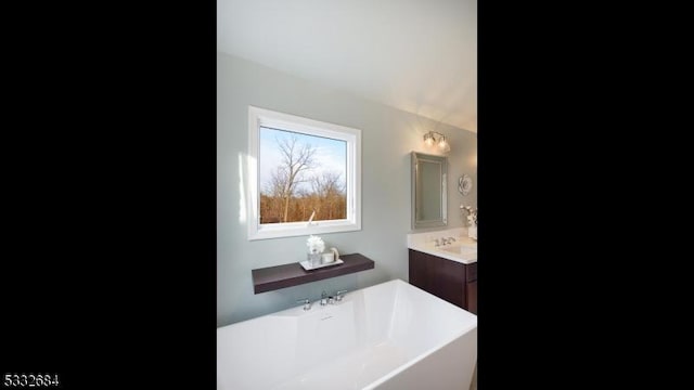 full bath with a freestanding tub and vanity