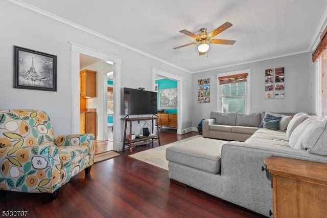 living room featuring dark hardwood / wood-style flooring, crown molding, and ceiling fan