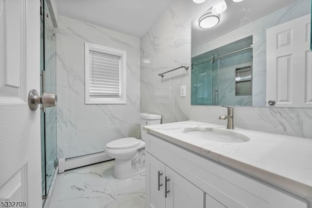 bathroom with toilet, an enclosed shower, vanity, and a baseboard heating unit