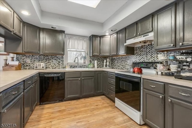 kitchen with range with electric stovetop, light hardwood / wood-style flooring, decorative backsplash, black dishwasher, and sink