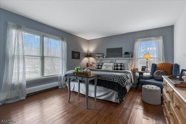 bedroom featuring dark hardwood / wood-style flooring and multiple windows