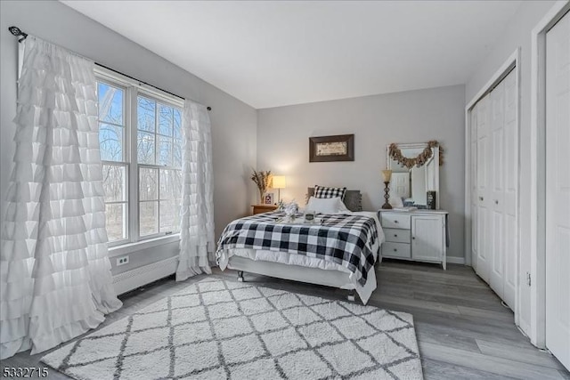 bedroom with wood-type flooring, a closet, and multiple windows