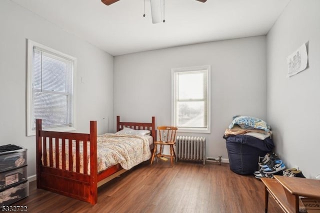 bedroom with hardwood / wood-style floors, ceiling fan, radiator, and multiple windows