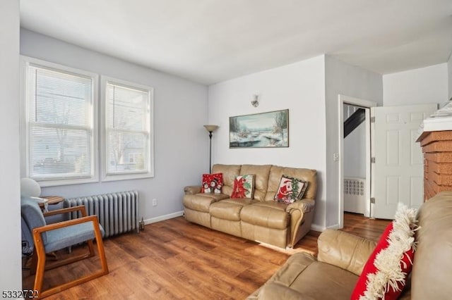 living room with hardwood / wood-style floors and radiator