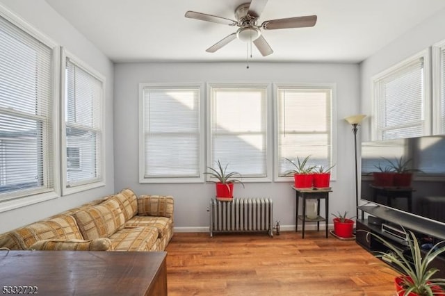 interior space with radiator and ceiling fan