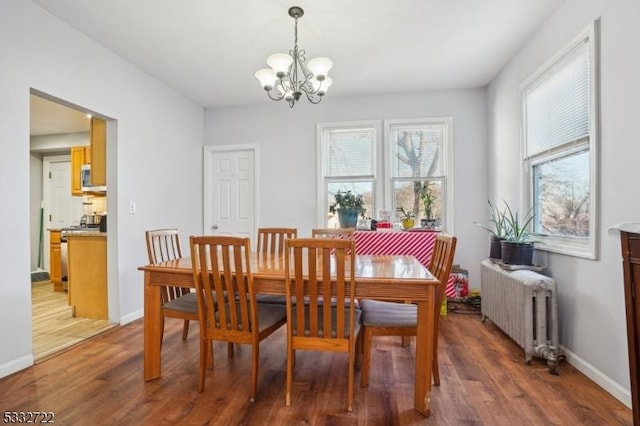 dining space with dark hardwood / wood-style flooring, radiator heating unit, and an inviting chandelier