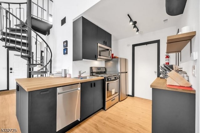 kitchen featuring light wood-type flooring, appliances with stainless steel finishes, wood counters, and sink