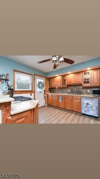 kitchen featuring sink, ceiling fan, and light hardwood / wood-style floors