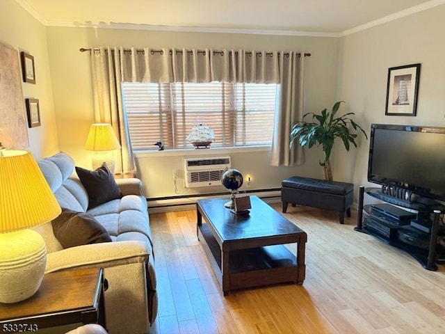 living room with ornamental molding, wood-type flooring, and an AC wall unit