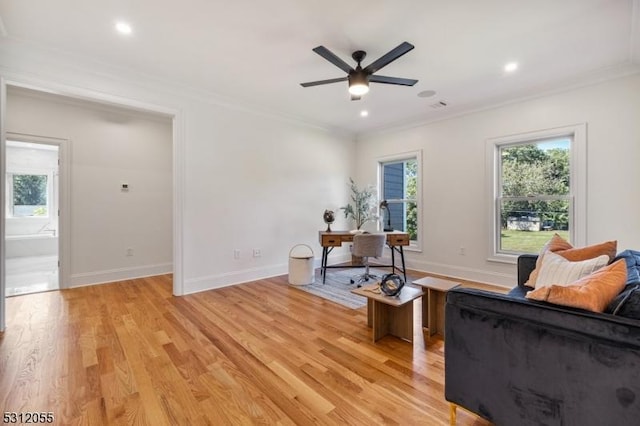 interior space with light hardwood / wood-style flooring, ceiling fan, and ornamental molding