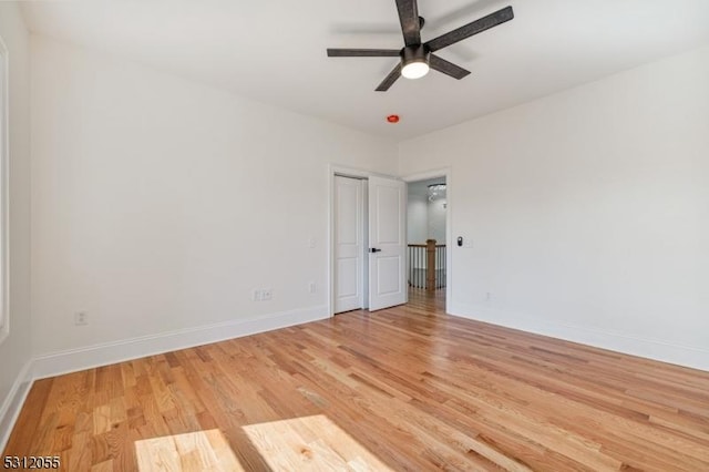 unfurnished bedroom with light hardwood / wood-style flooring and ceiling fan