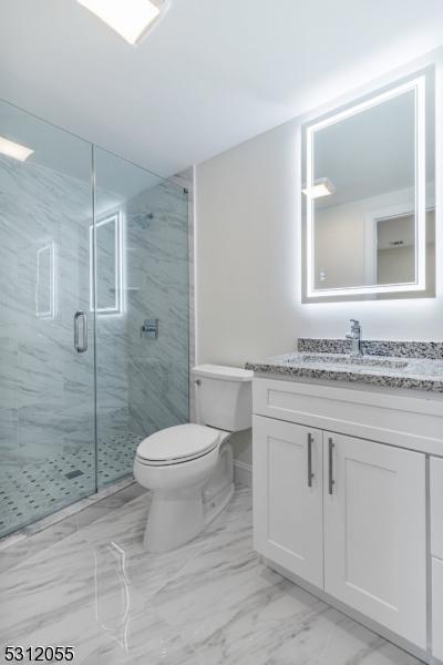 bathroom with vanity, toilet, and an enclosed shower