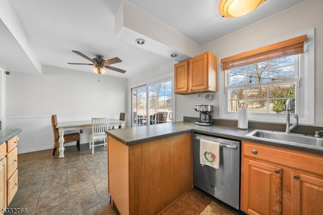 kitchen featuring sink, dark tile patterned flooring, stainless steel dishwasher, ceiling fan, and kitchen peninsula