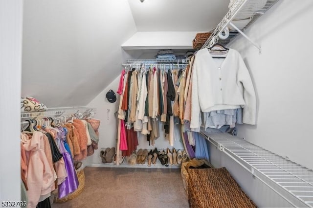 walk in closet with lofted ceiling and carpet flooring