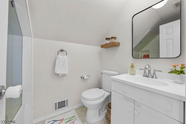 full bathroom featuring lofted ceiling, toilet, shower / bath combination, and vanity