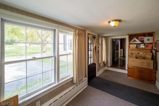 doorway with a baseboard heating unit and carpet flooring