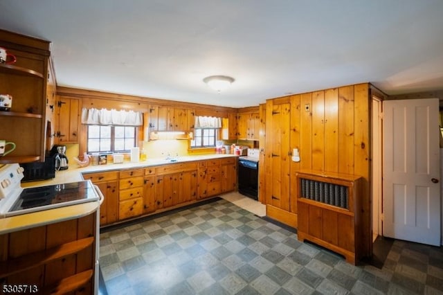 kitchen featuring wood walls and stove