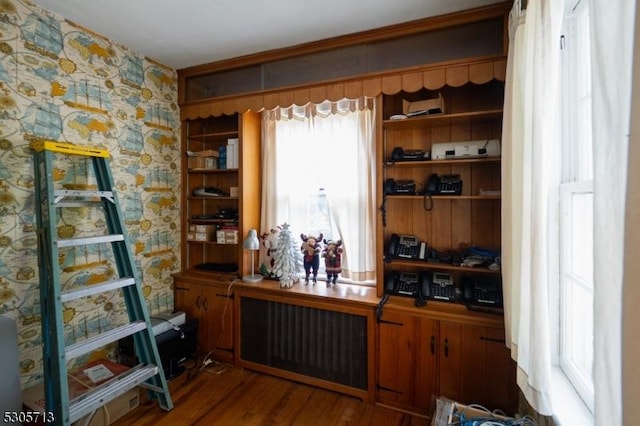 bar featuring radiator and dark wood-type flooring