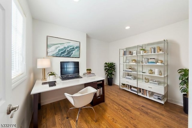 office space featuring dark hardwood / wood-style flooring