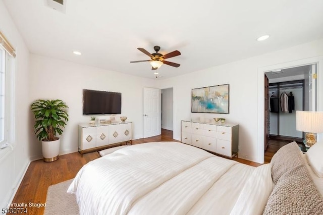 bedroom with ceiling fan, a walk in closet, a closet, and hardwood / wood-style floors