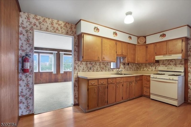 kitchen with white range with gas cooktop, sink, and light wood-type flooring