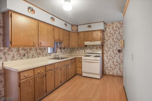 kitchen with light wood-type flooring, white gas range oven, and sink