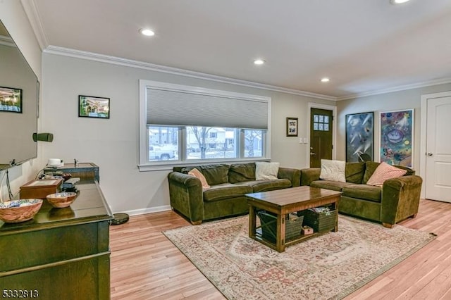 living room with light hardwood / wood-style floors and crown molding