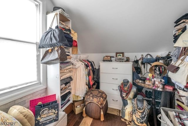 spacious closet with hardwood / wood-style floors and lofted ceiling