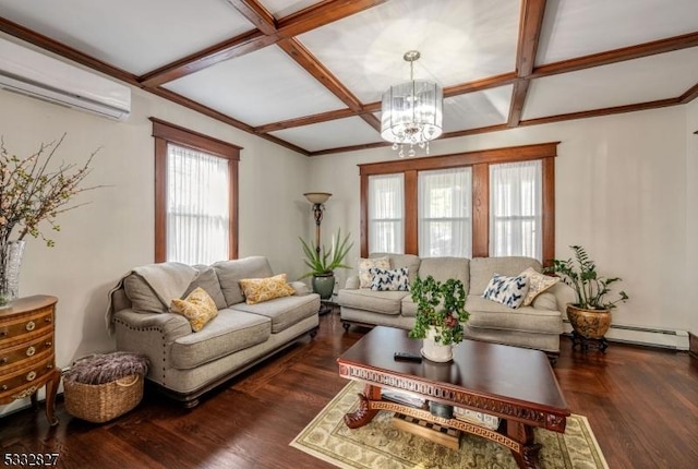 living room featuring a baseboard heating unit, dark hardwood / wood-style floors, a wall mounted AC, a notable chandelier, and coffered ceiling