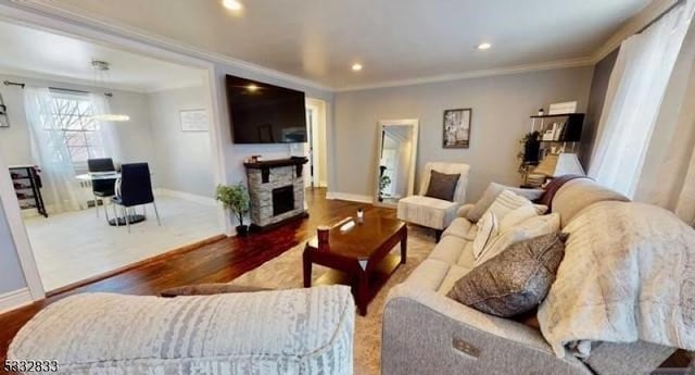 living room with crown molding, a fireplace, and hardwood / wood-style floors