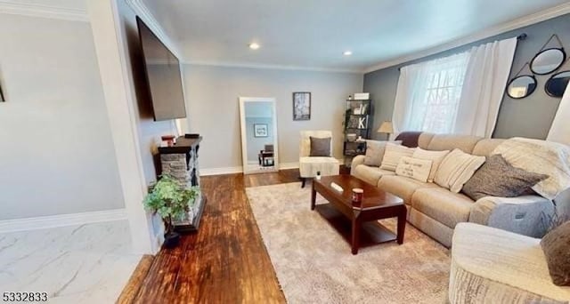 living room with hardwood / wood-style floors and crown molding