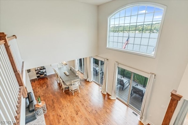 living room with light hardwood / wood-style floors and a towering ceiling