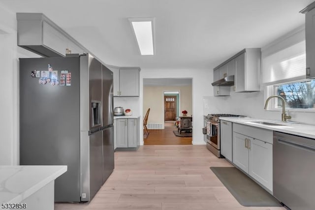 kitchen with stainless steel appliances, gray cabinets, light hardwood / wood-style flooring, and sink