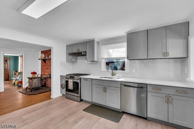 kitchen with stainless steel appliances, a wood stove, light wood-type flooring, gray cabinets, and sink