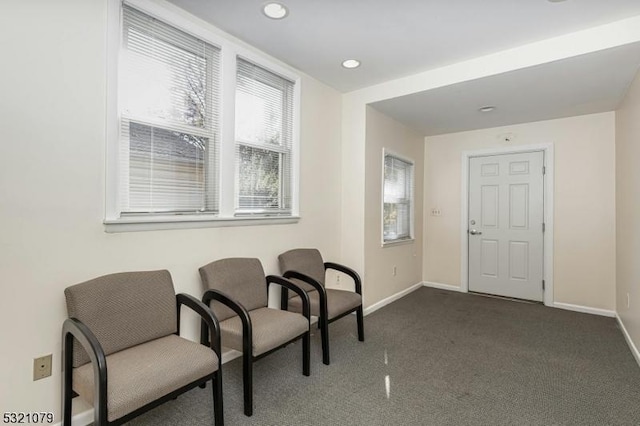 sitting room featuring dark carpet