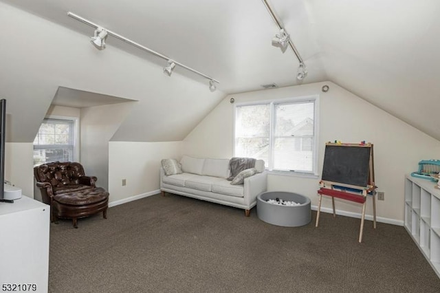 bonus room with dark carpet, a wealth of natural light, and vaulted ceiling