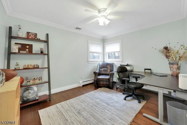 office area with ceiling fan, a baseboard radiator, crown molding, and dark hardwood / wood-style floors