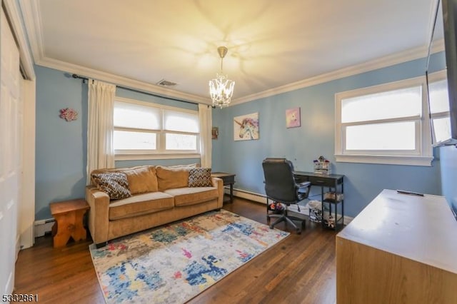 office space with an inviting chandelier, crown molding, and a wealth of natural light