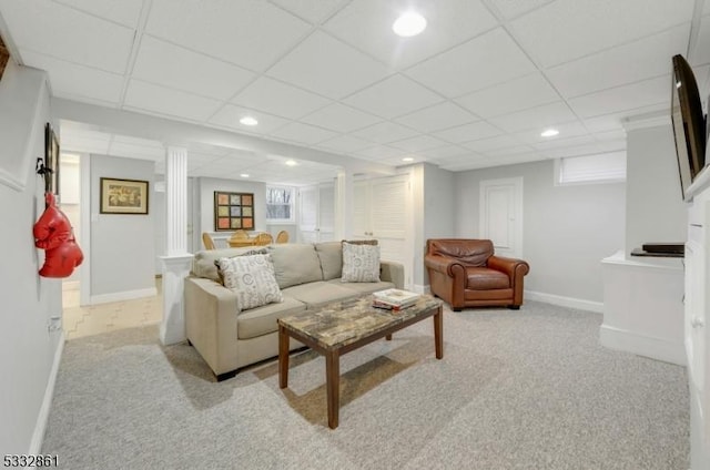 living room featuring light colored carpet