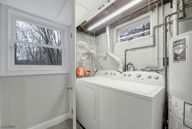 laundry room featuring water heater and independent washer and dryer