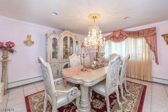 dining room with a baseboard heating unit, a notable chandelier, ornamental molding, and light tile patterned floors