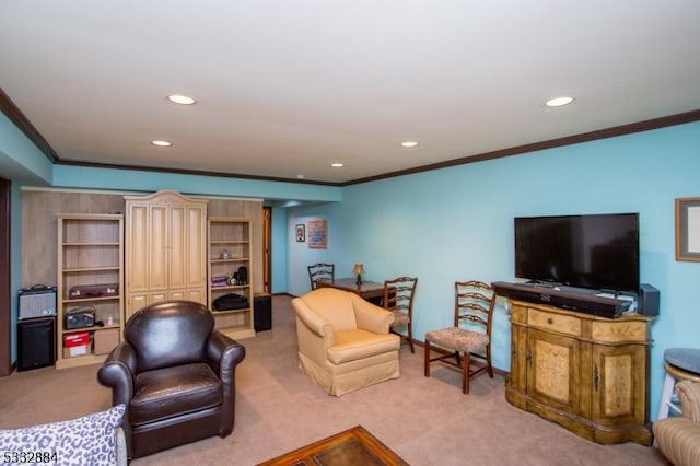 carpeted living room with crown molding