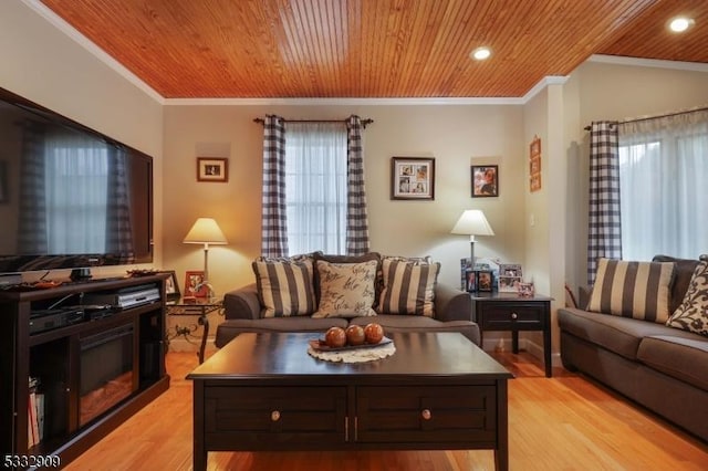 living room with ornamental molding, wooden ceiling, and light wood-type flooring